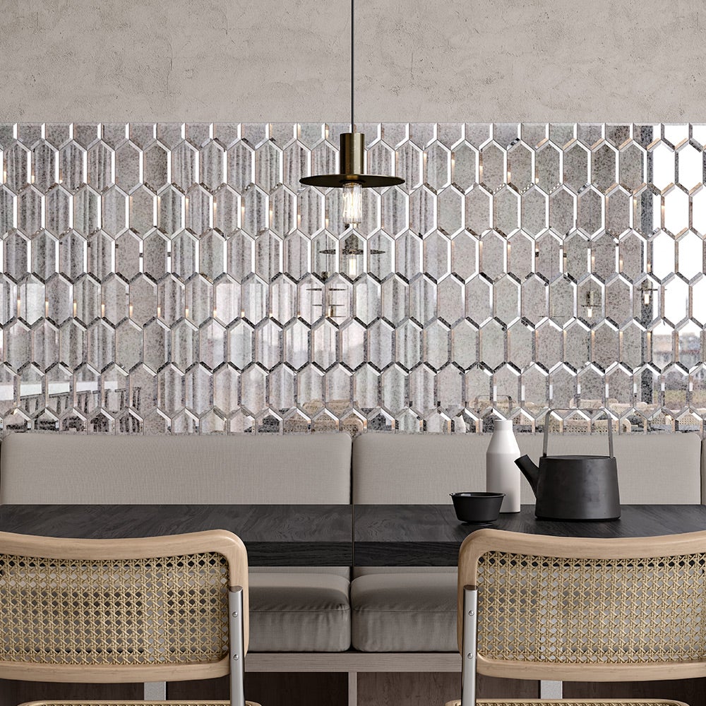 Obsidian Glossy Glass Antique Silver Beveled Hexagon Mosaic