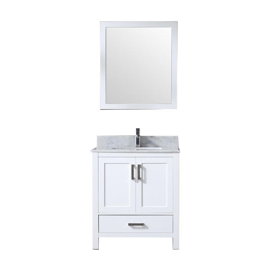Jacques 30" White Single Vanity, White Carrara Marble Top, White Square Sink and 28" Mirror w/ Faucet