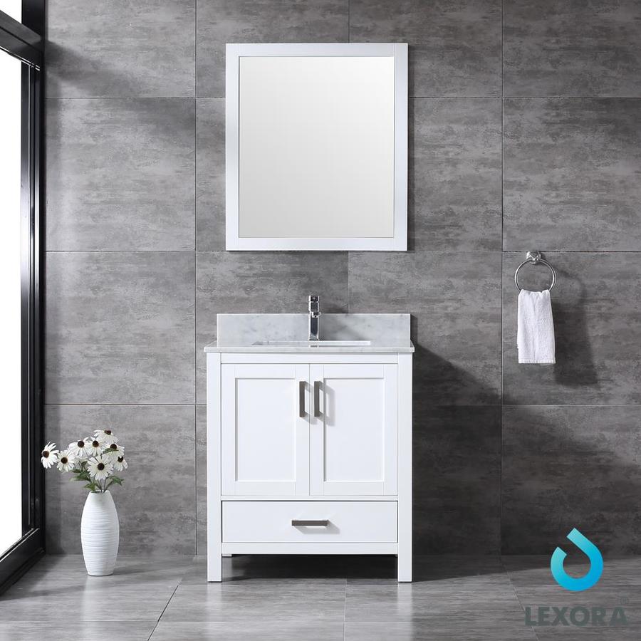 Jacques 30" White Single Vanity, White Carrara Marble Top, White Square Sink and 28" Mirror w/ Faucet