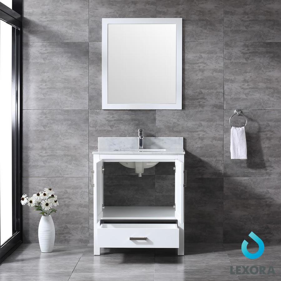 Jacques 30" White Single Vanity, White Carrara Marble Top, White Square Sink and 28" Mirror w/ Faucet