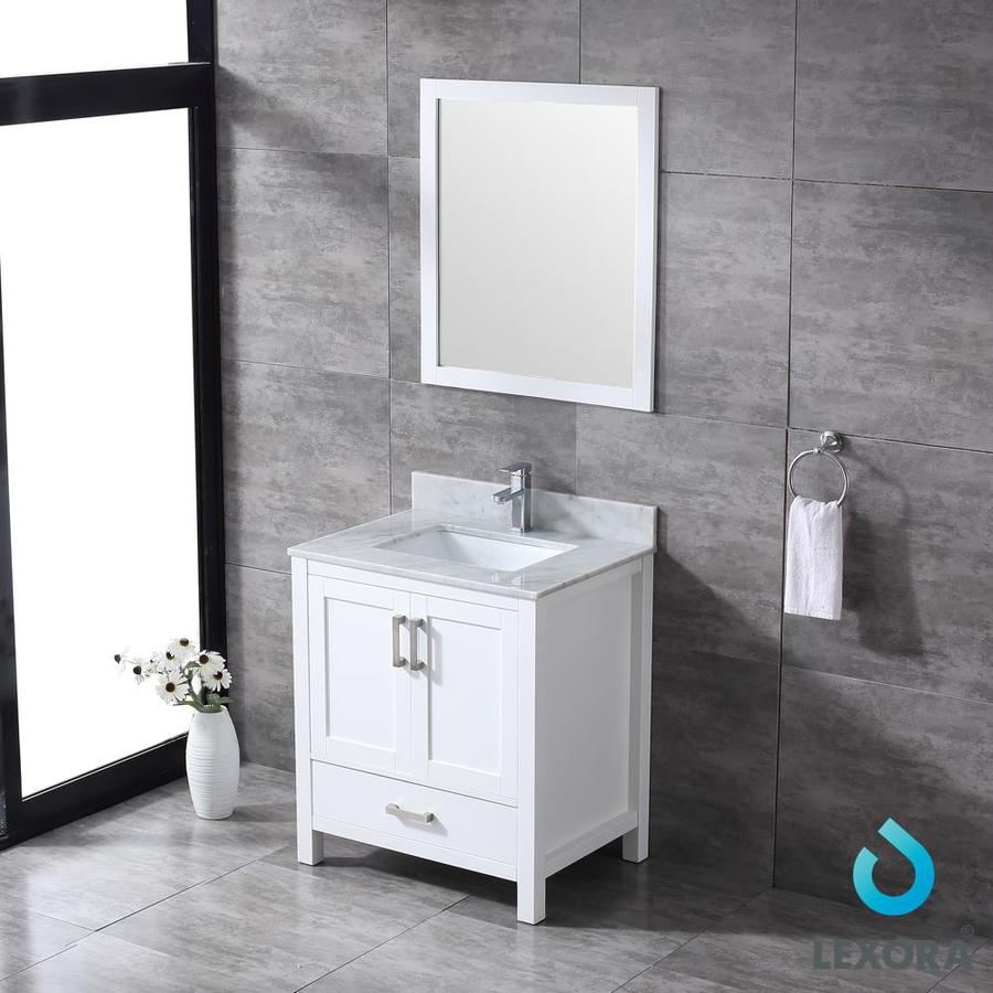 Jacques 30" White Single Vanity, White Carrara Marble Top, White Square Sink and 28" Mirror w/ Faucet