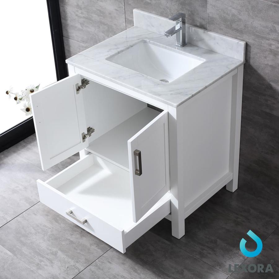 Jacques 30" White Single Vanity, White Carrara Marble Top, White Square Sink and 28" Mirror w/ Faucet