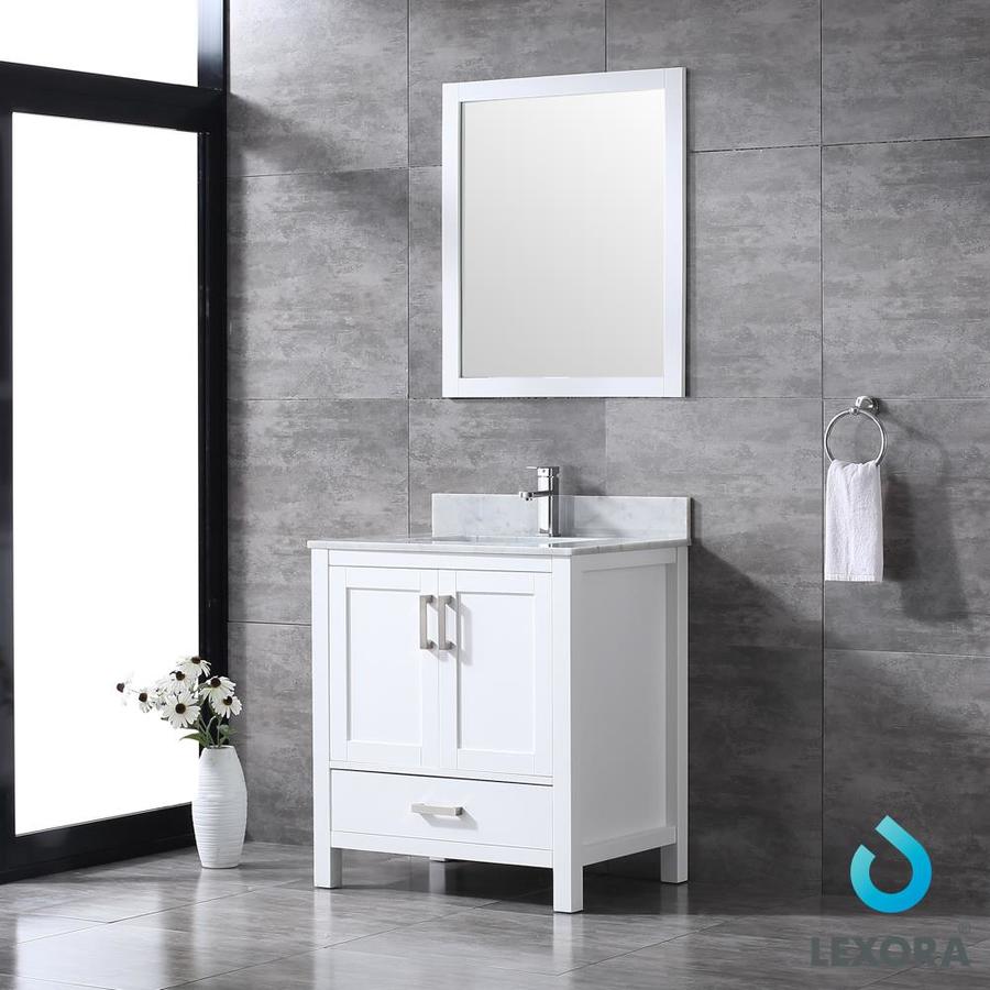 Jacques 30" White Single Vanity, White Carrara Marble Top, White Square Sink and 28" Mirror w/ Faucet