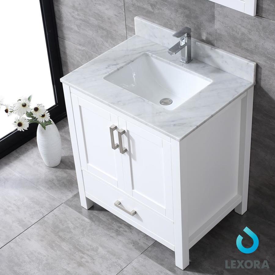 Jacques 30" White Single Vanity, White Carrara Marble Top, White Square Sink and 28" Mirror w/ Faucet