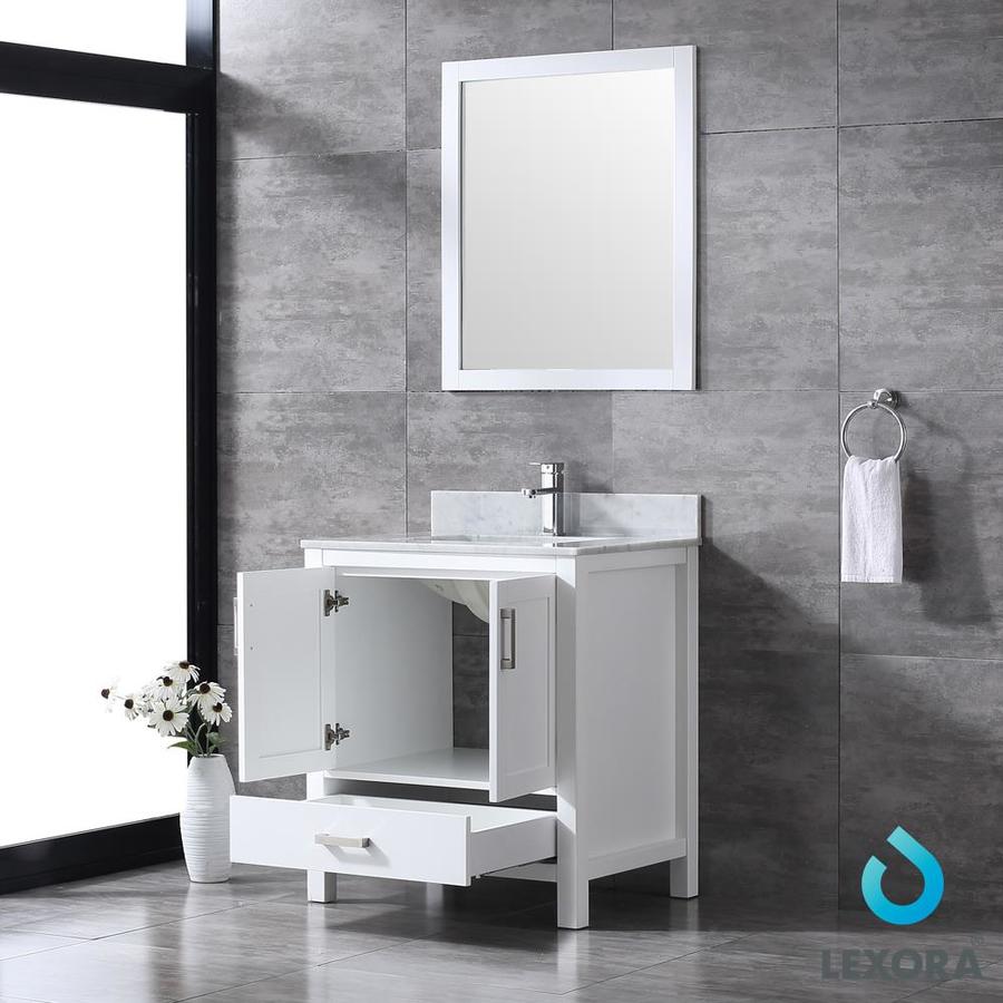 Jacques 30" White Single Vanity, White Carrara Marble Top, White Square Sink and 28" Mirror w/ Faucet