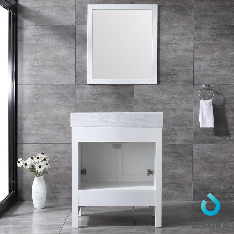 Jacques 30" White Single Vanity, White Carrara Marble Top, White Square Sink and 28" Mirror w/ Faucet