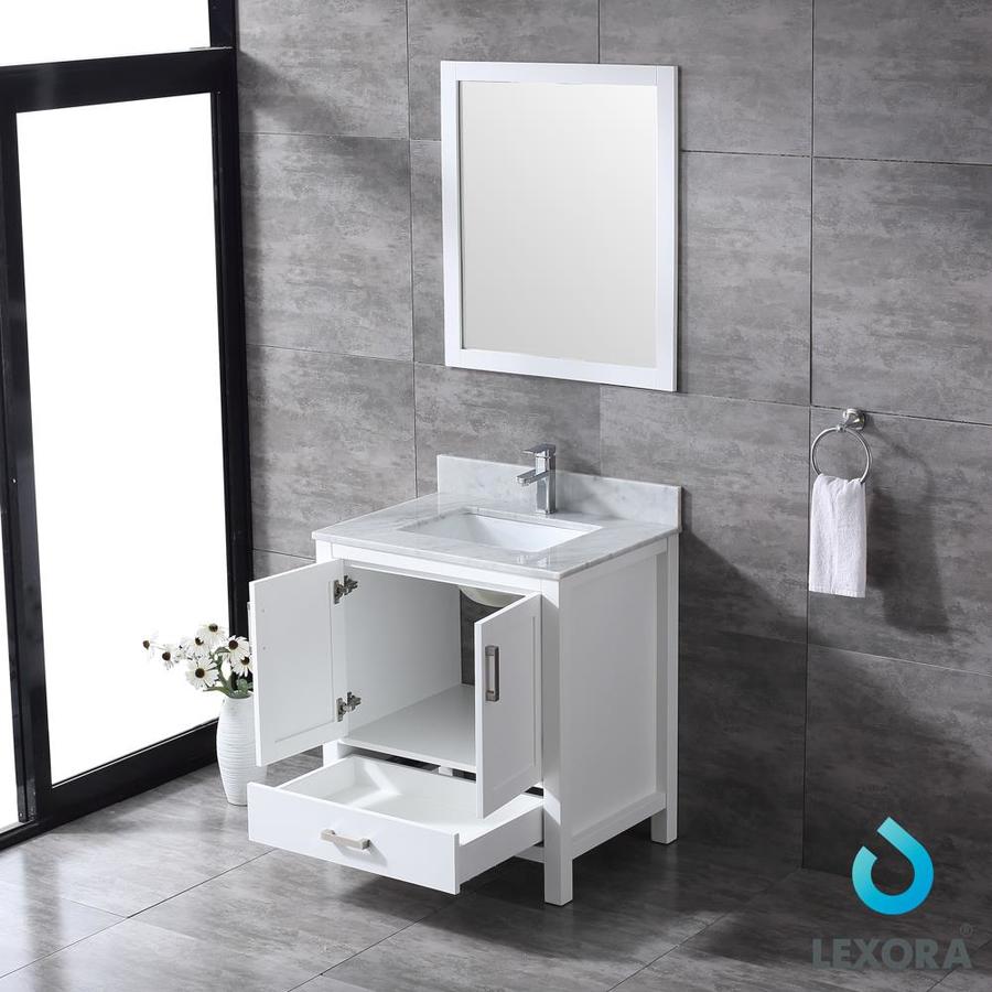 Jacques 30" White Single Vanity, White Carrara Marble Top, White Square Sink and 28" Mirror w/ Faucet