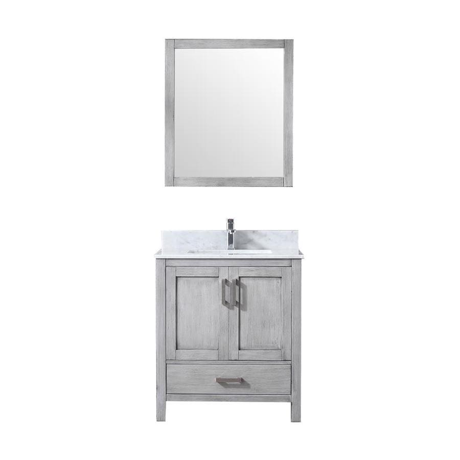 Jacques 30" Distressed Grey Single Vanity, White Carrara Marble Top, White Square Sink and 28" Mirror w/ Faucet