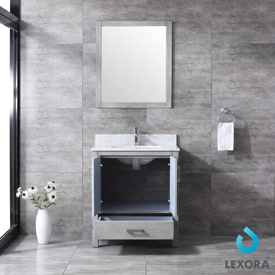 Jacques 30" Distressed Grey Single Vanity, White Carrara Marble Top, White Square Sink and 28" Mirror w/ Faucet