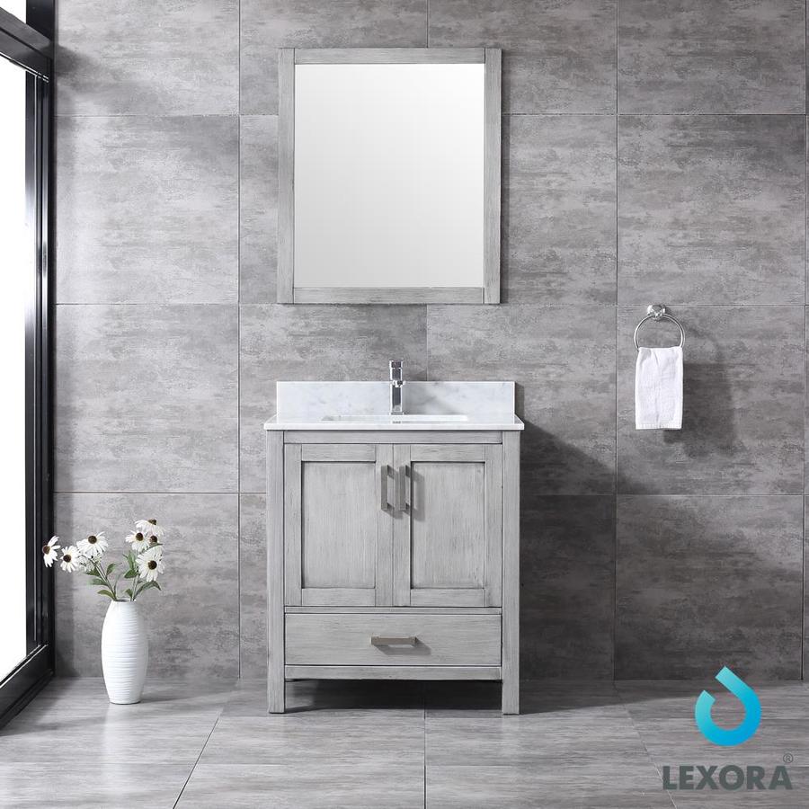 Jacques 30" Distressed Grey Single Vanity, White Carrara Marble Top, White Square Sink and 28" Mirror w/ Faucet