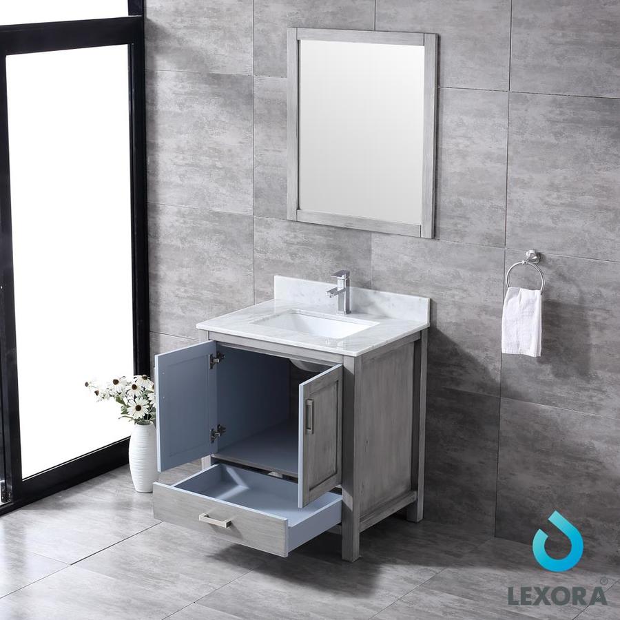 Jacques 30" Distressed Grey Single Vanity, White Carrara Marble Top, White Square Sink and 28" Mirror w/ Faucet