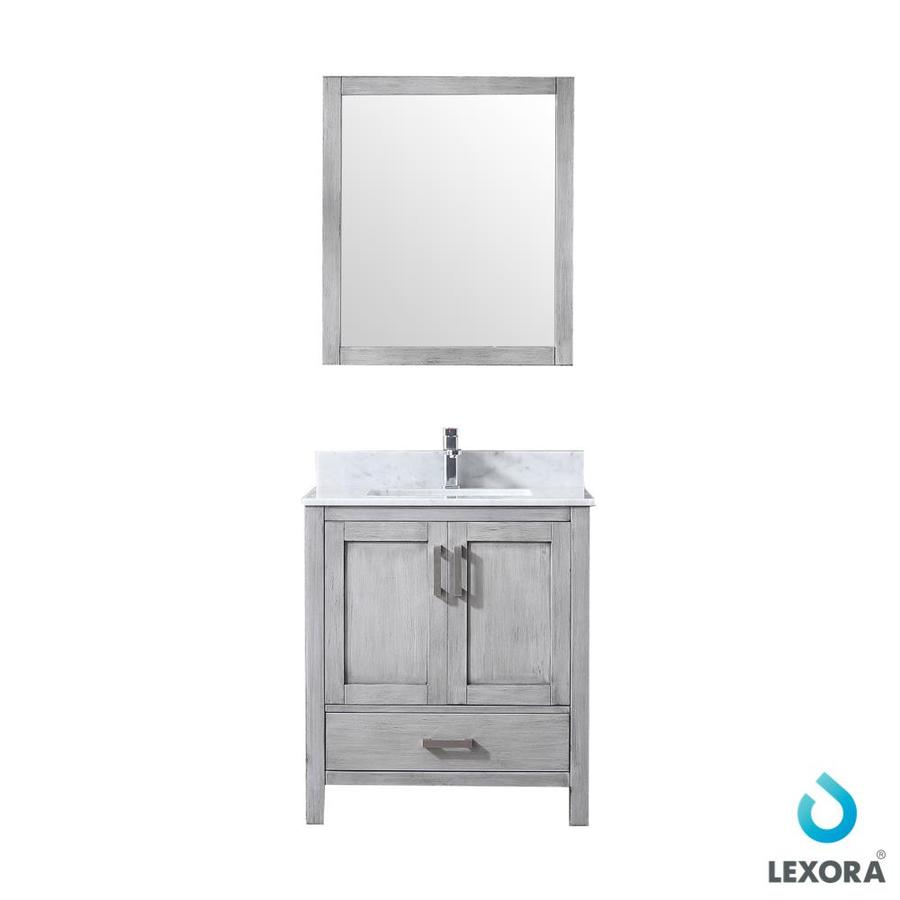 Jacques 30" Distressed Grey Single Vanity, White Carrara Marble Top, White Square Sink and 28" Mirror w/ Faucet