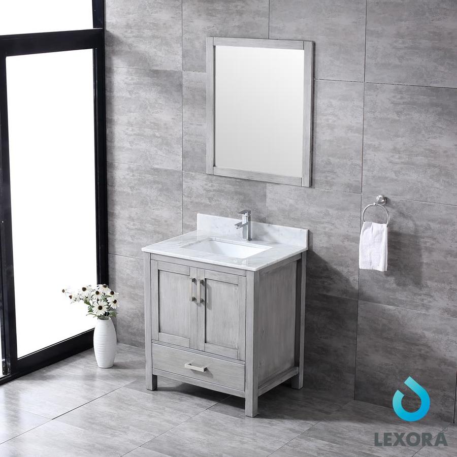 Jacques 30" Distressed Grey Single Vanity, White Carrara Marble Top, White Square Sink and 28" Mirror w/ Faucet