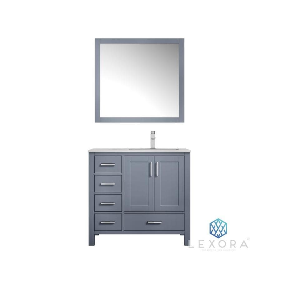 Jacques 36" Dark Grey Single Vanity, White Carrara Marble Top, White Square Sink and 34" Mirror w/ Faucet - Right Version