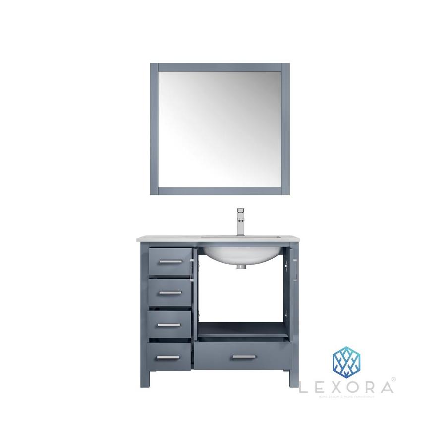 Jacques 36" Dark Grey Single Vanity, White Carrara Marble Top, White Square Sink and 34" Mirror w/ Faucet - Right Version