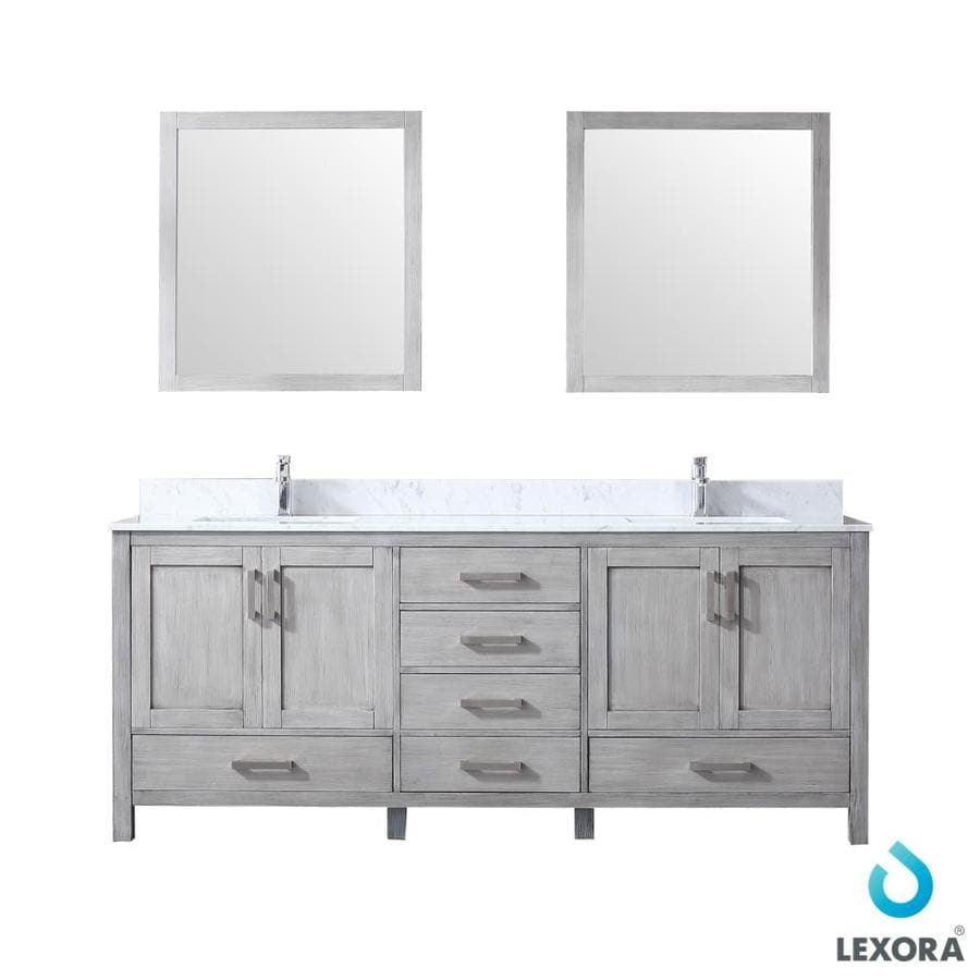 Jacques 80" Distressed Grey Double Vanity, White Carrara Marble Top, White Square Sinks and Mirrors w/ Faucets
