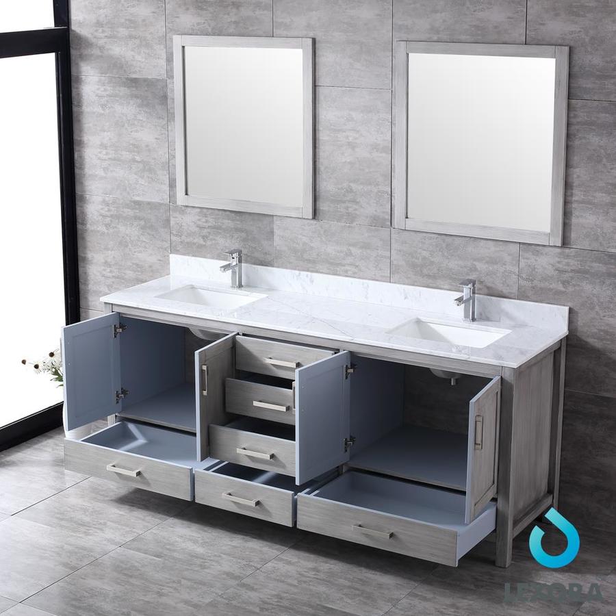 Jacques 80" Distressed Grey Double Vanity, White Carrara Marble Top, White Square Sinks and Mirrors w/ Faucets