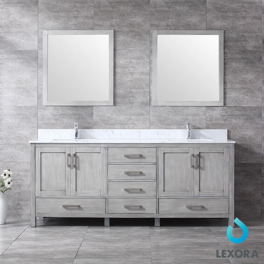 Jacques 80" Distressed Grey Double Vanity, White Carrara Marble Top, White Square Sinks and Mirrors w/ Faucets