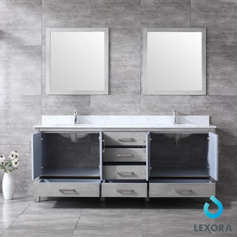 Jacques 80" Distressed Grey Double Vanity, White Carrara Marble Top, White Square Sinks and Mirrors w/ Faucets