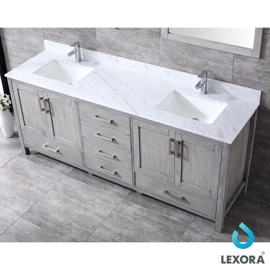 Jacques 80" Distressed Grey Double Vanity, White Carrara Marble Top, White Square Sinks and Mirrors w/ Faucets