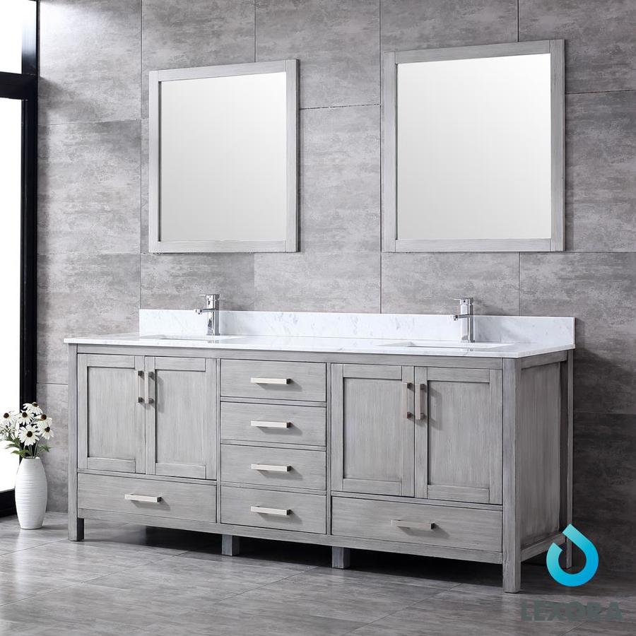 Jacques 80" Distressed Grey Double Vanity, White Carrara Marble Top, White Square Sinks and Mirrors w/ Faucets