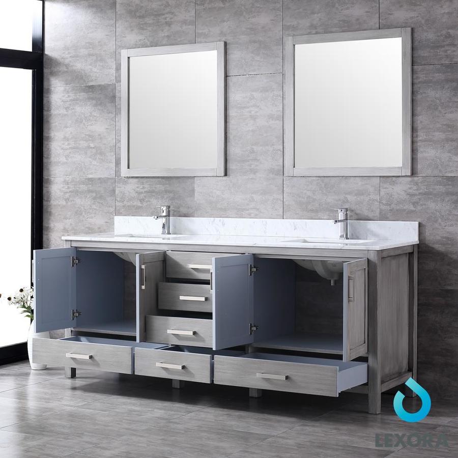 Jacques 80" Distressed Grey Double Vanity, White Carrara Marble Top, White Square Sinks and Mirrors w/ Faucets