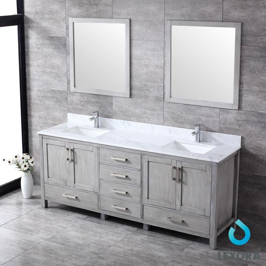 Jacques 80" Distressed Grey Double Vanity, White Carrara Marble Top, White Square Sinks and Mirrors w/ Faucets