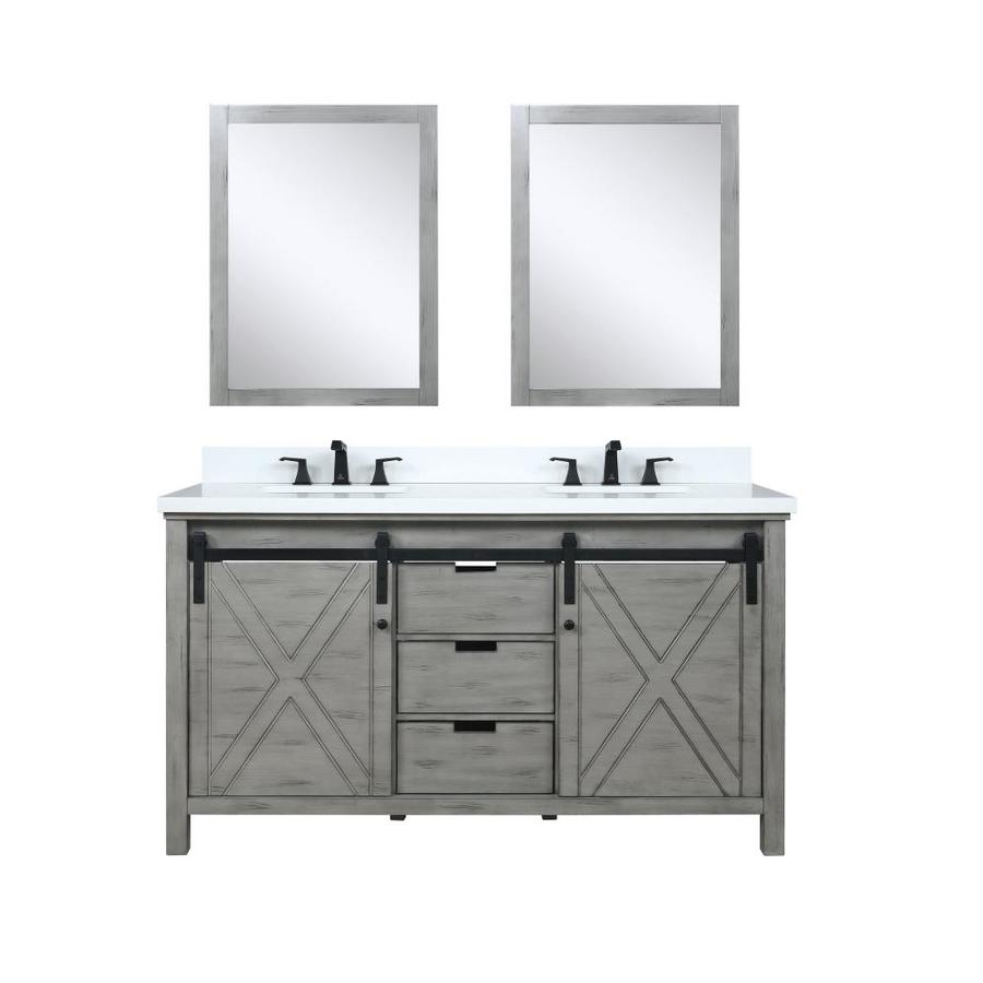 Marsyas 60" Ash Grey Double Vanity, White Quartz Top, White Square Sinks and 24" Mirrors w/ Faucets