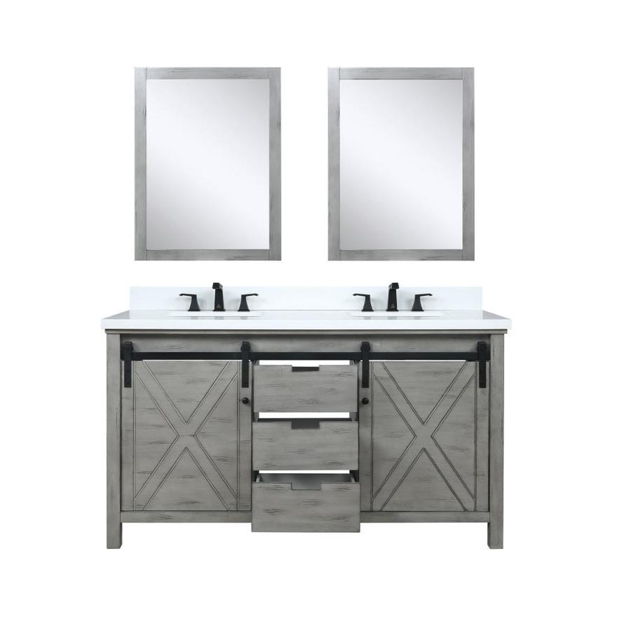 Marsyas 60" Ash Grey Double Vanity, White Quartz Top, White Square Sinks and 24" Mirrors w/ Faucets
