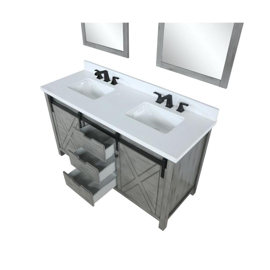 Marsyas 60" Ash Grey Double Vanity, White Quartz Top, White Square Sinks and 24" Mirrors w/ Faucets