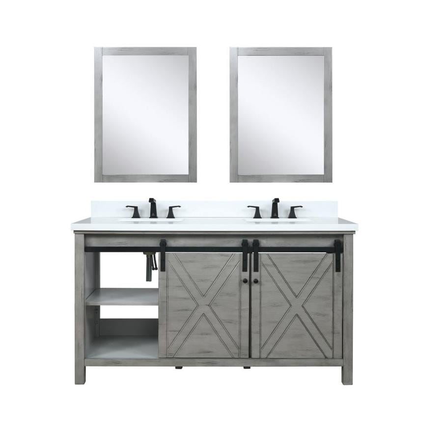 Marsyas 60" Ash Grey Double Vanity, White Quartz Top, White Square Sinks and 24" Mirrors w/ Faucets