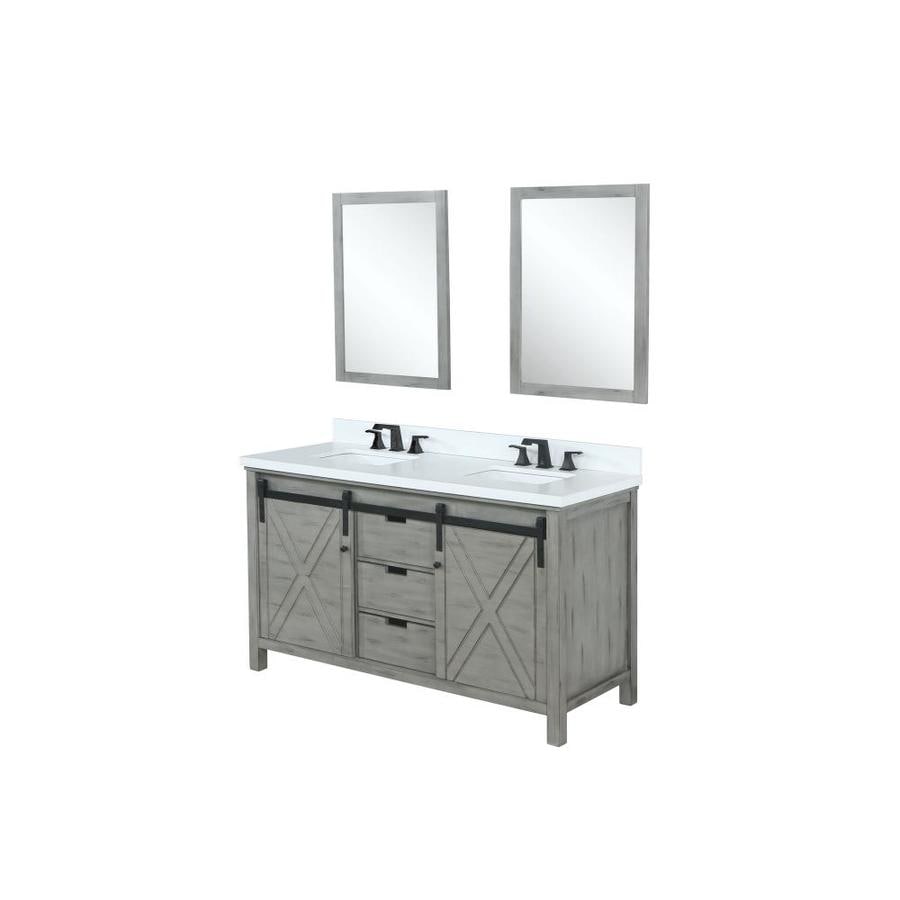 Marsyas 60" Ash Grey Double Vanity, White Quartz Top, White Square Sinks and 24" Mirrors w/ Faucets