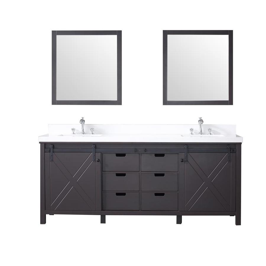 Marsyas 80" Brown Double Vanity, White Quartz Top, White Square Sinks and 30" Mirrors w/ Faucets