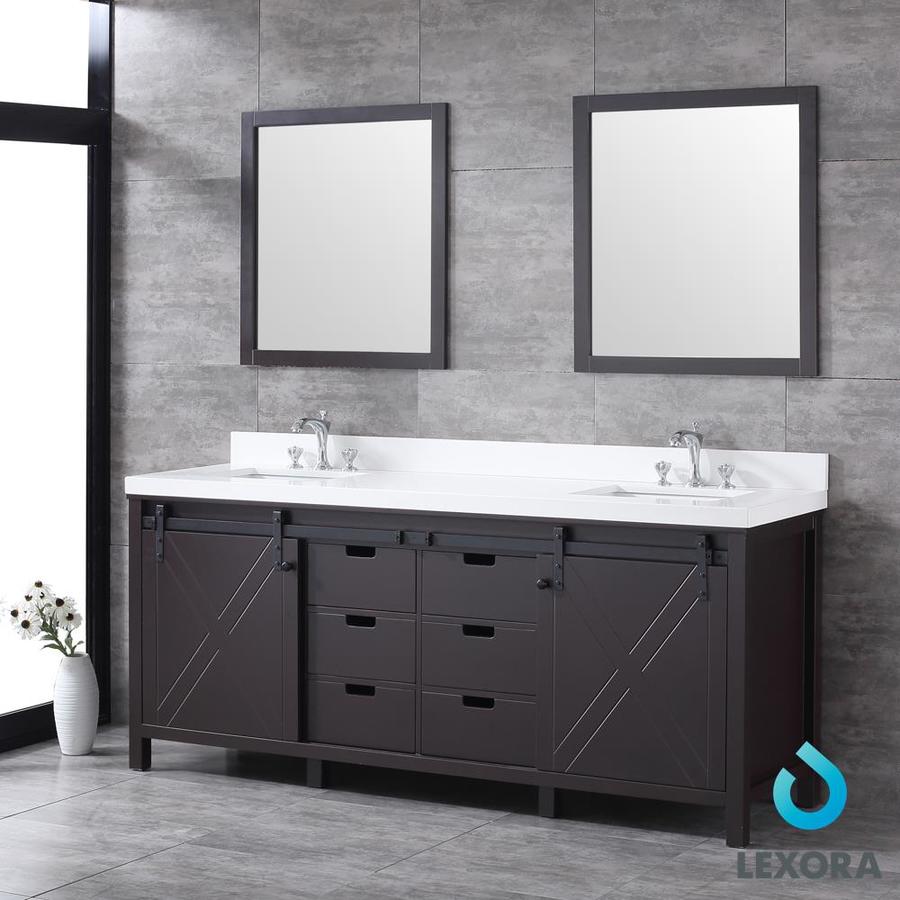 Marsyas 80" Brown Double Vanity, White Quartz Top, White Square Sinks and 30" Mirrors w/ Faucets