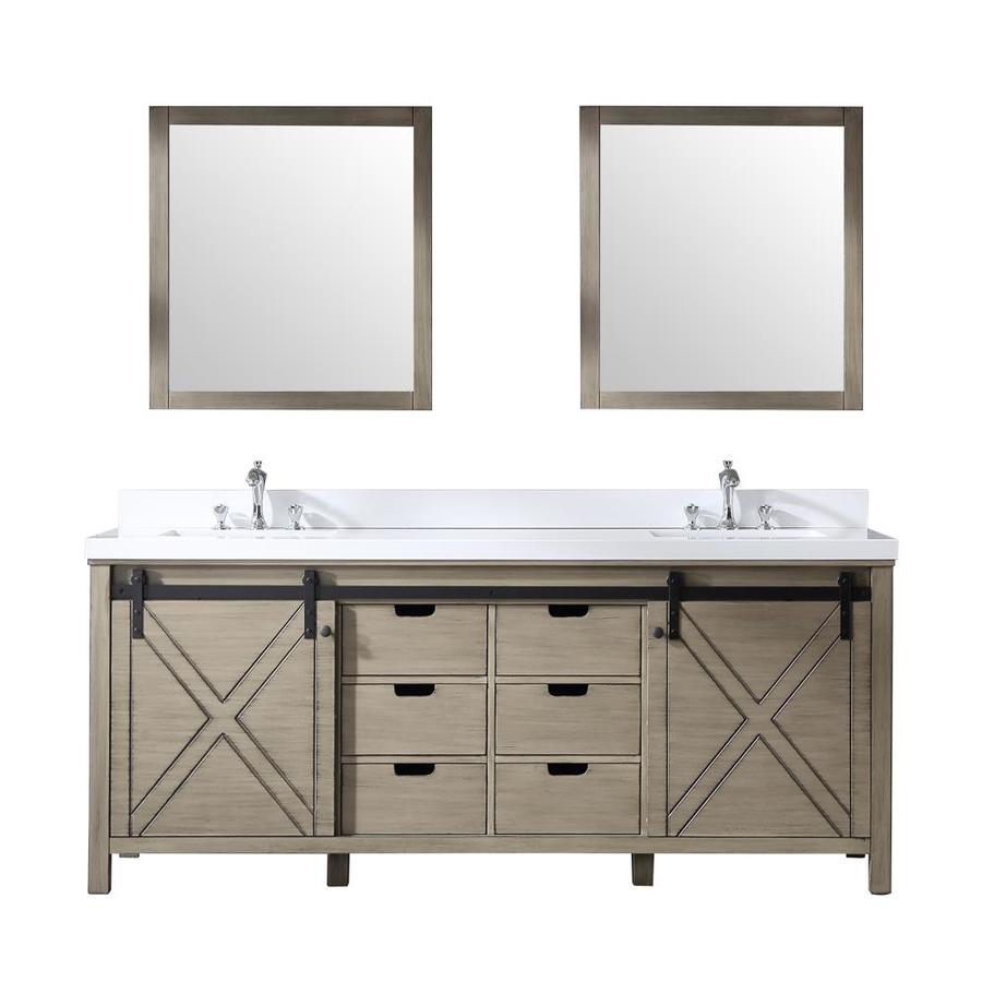 Marsyas 80" Rustic Brown Double Vanity, White Quartz Top, White Square Sinks and 30" Mirrors w/ Faucets
