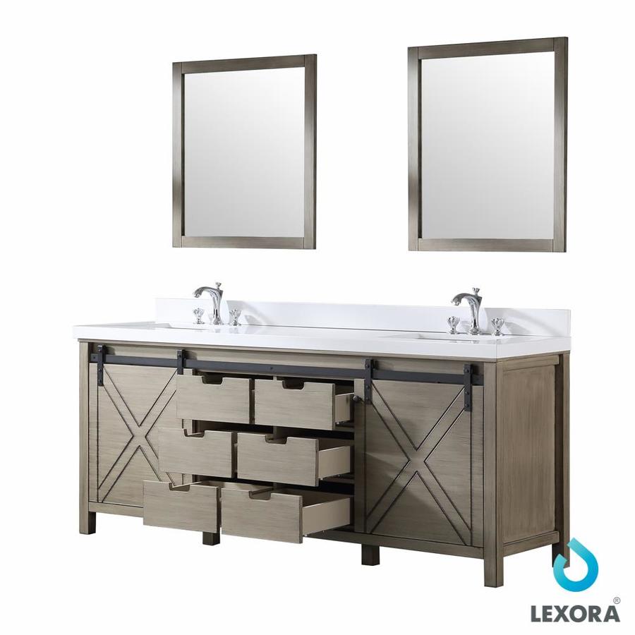 Marsyas 80" Rustic Brown Double Vanity, White Quartz Top, White Square Sinks and 30" Mirrors w/ Faucets