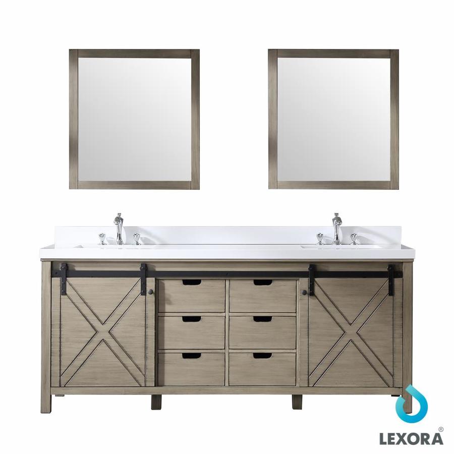 Marsyas 80" Rustic Brown Double Vanity, White Quartz Top, White Square Sinks and 30" Mirrors w/ Faucets