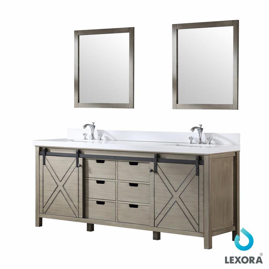 Marsyas 80" Rustic Brown Double Vanity, White Quartz Top, White Square Sinks and 30" Mirrors w/ Faucets