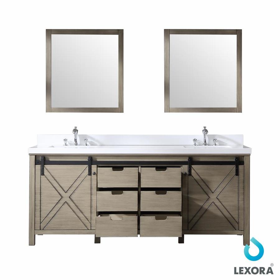 Marsyas 80" Rustic Brown Double Vanity, White Quartz Top, White Square Sinks and 30" Mirrors w/ Faucets