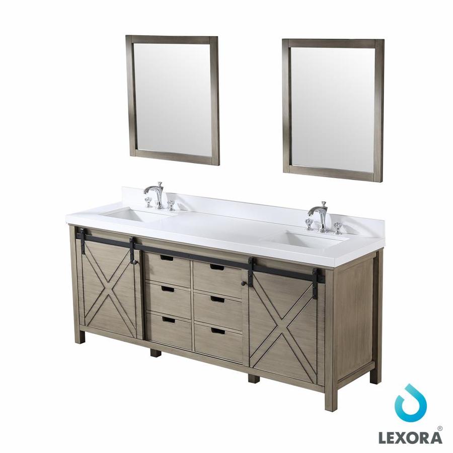 Marsyas 80" Rustic Brown Double Vanity, White Quartz Top, White Square Sinks and 30" Mirrors w/ Faucets