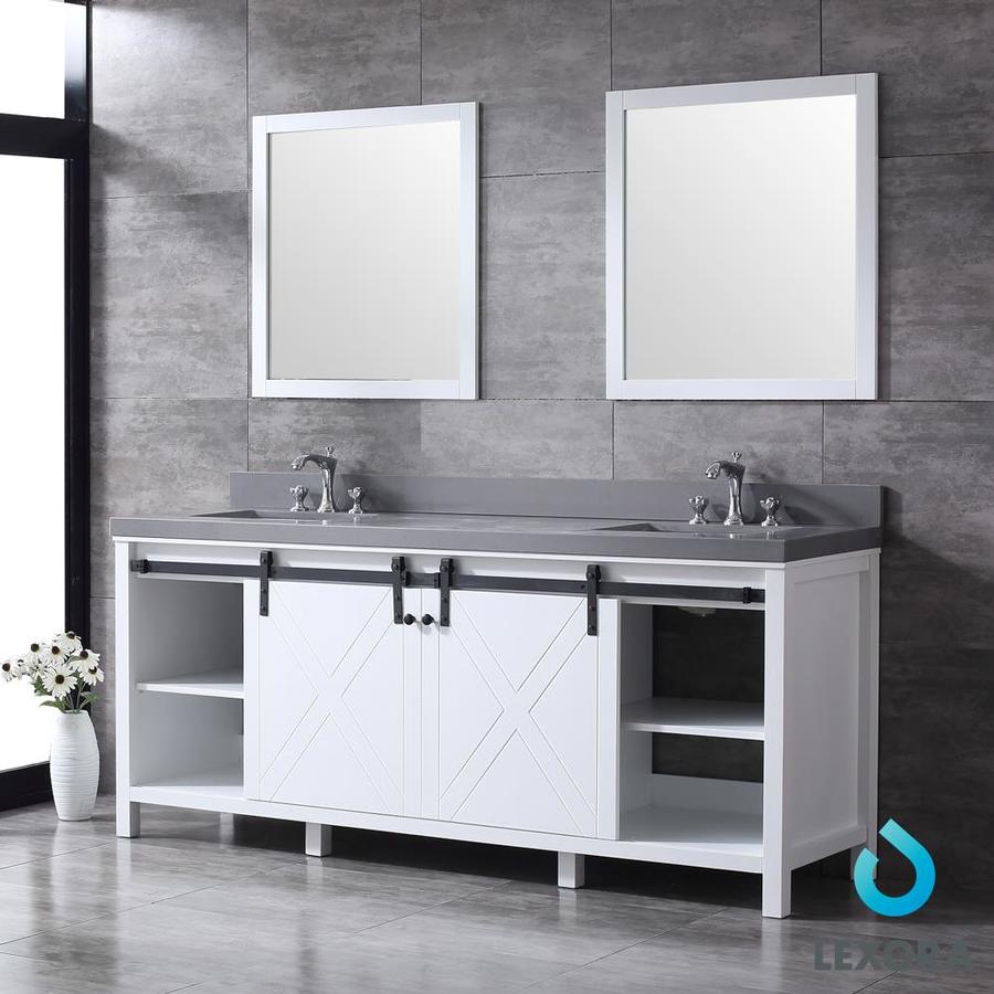 Marsyas 84" Ash Grey Double Vanity, White Quartz Top, White Square Sinks and 34" Mirrors w/ Faucets