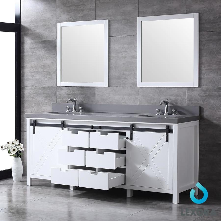 Marsyas 84" Ash Grey Double Vanity, White Quartz Top, White Square Sinks and 34" Mirrors w/ Faucets