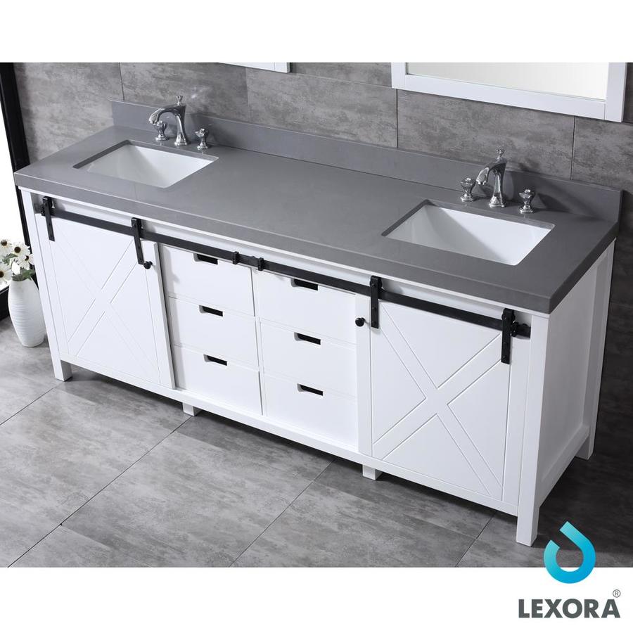 Marsyas 84" Ash Grey Double Vanity, White Quartz Top, White Square Sinks and 34" Mirrors w/ Faucets