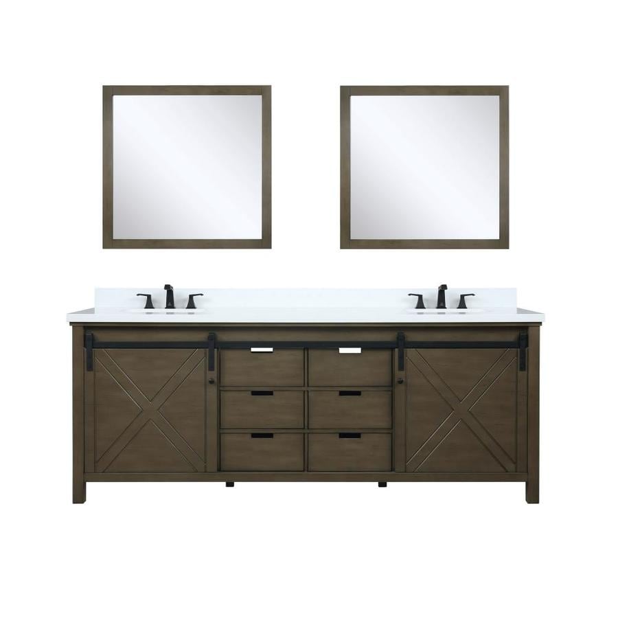 Marsyas 84" Rustic Brown Double Vanity, White Quartz Top, White Square Sinks and 34" Mirrors w/ Faucets