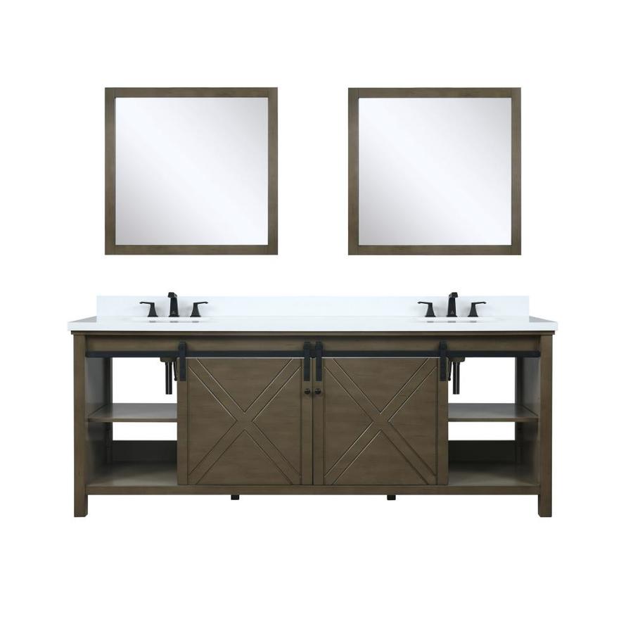 Marsyas 84" Rustic Brown Double Vanity, White Quartz Top, White Square Sinks and 34" Mirrors w/ Faucets