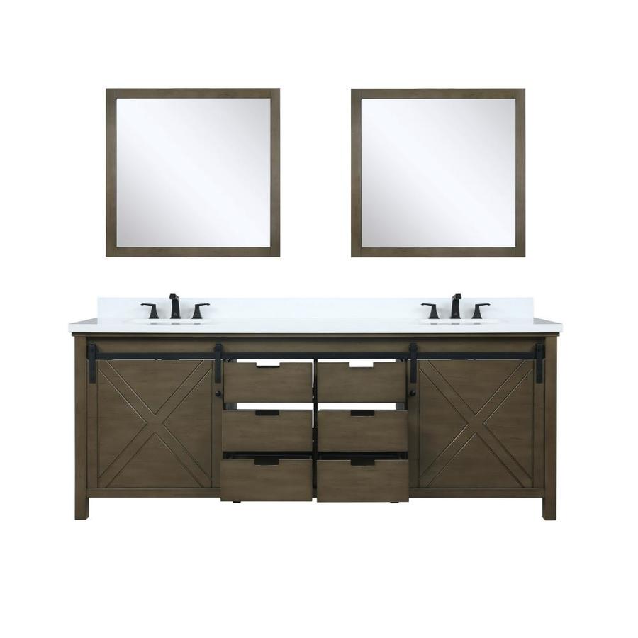 Marsyas 84" Rustic Brown Double Vanity, White Quartz Top, White Square Sinks and 34" Mirrors w/ Faucets