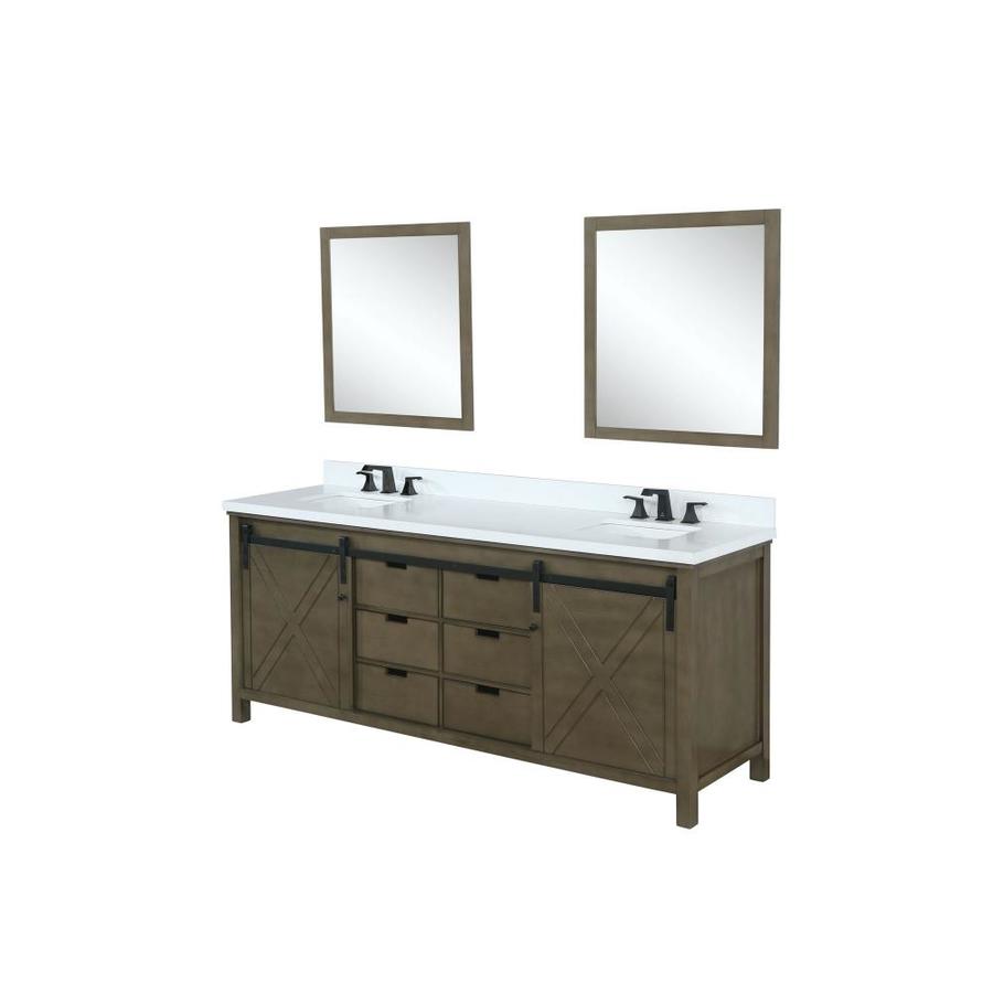 Marsyas 84" Rustic Brown Double Vanity, White Quartz Top, White Square Sinks and 34" Mirrors w/ Faucets