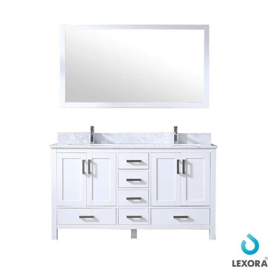 Jacques 60" White Double Vanity, White Carrara Marble Top, White Square Sinks and 58" Mirror w/ Faucets