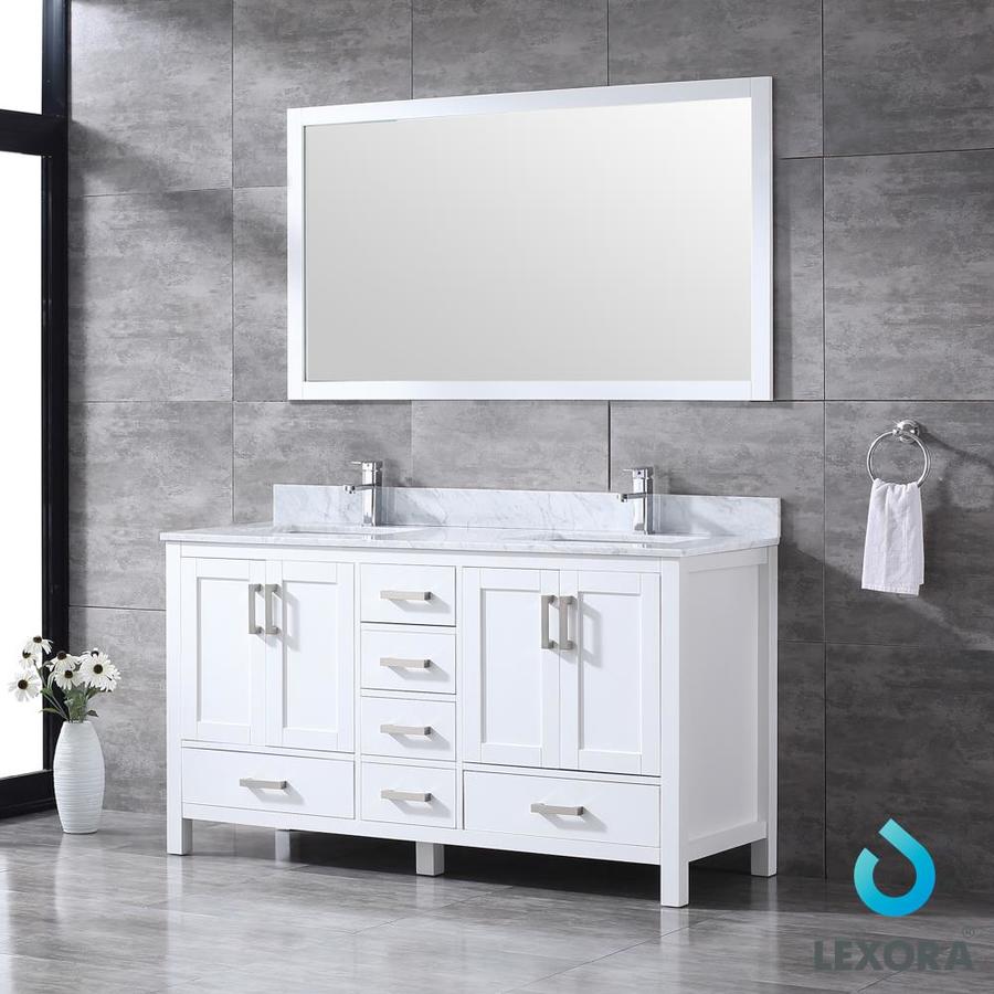 Jacques 60" White Double Vanity, White Carrara Marble Top, White Square Sinks and 58" Mirror w/ Faucets