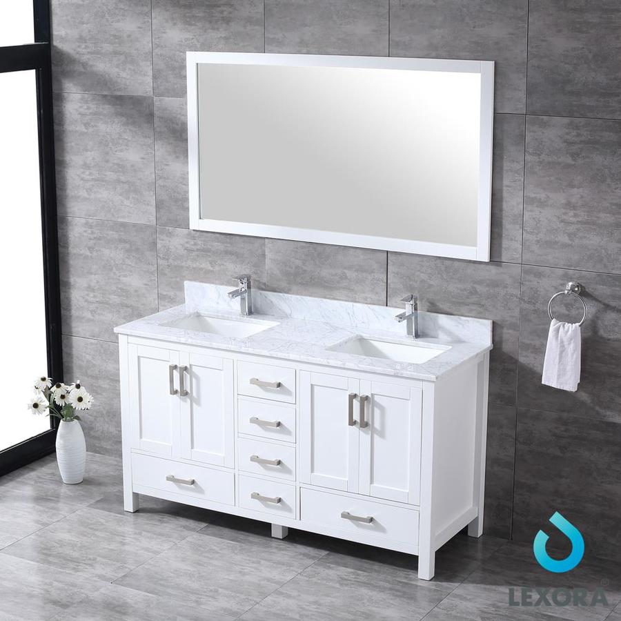 Jacques 60" White Double Vanity, White Carrara Marble Top, White Square Sinks and 58" Mirror w/ Faucets